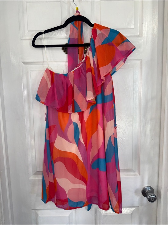 Flying Tomato Dresses & Skirts - Flying Tomato Pink Orange Blue Abstract One-Shoulder Dress